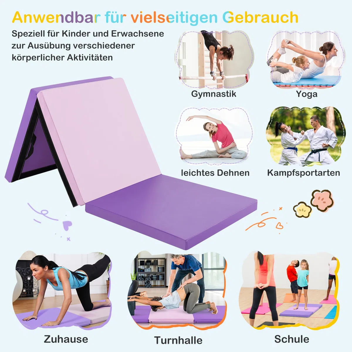 GOPLUS Weichbodenmatte, 180 x 60 x 5 cm Yogamatte rutschfest mit Klettverschlüssen & Tragegriffen, Gymnastikmatte klappbar aus PU-Leder, Turnmatte zum Trainieren von Gymnastik & Yoga