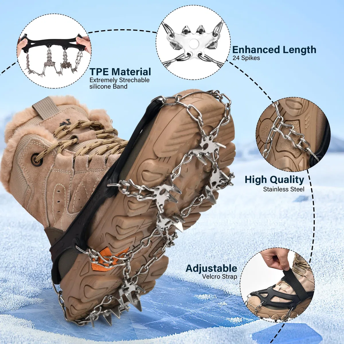 Steigeisen für Bergschuhe mit 24 Zähne, Spikes für Wanderschuhe,Verdickte Schuhkrallen aus Edelstahl,für Walking, Joggen, Klettern und Wandern (M)