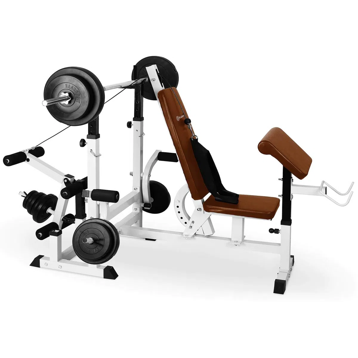 Klarfit Workout Hero 3000 Hantelbank, Power Station mit Schräg- und Flachbank, Hantelbank mit Gewichten, Fitnessgeräte für Zuhause, Home-Gym Kraftstation mit Langhantel & Beinpresse, 280 kg Belastung