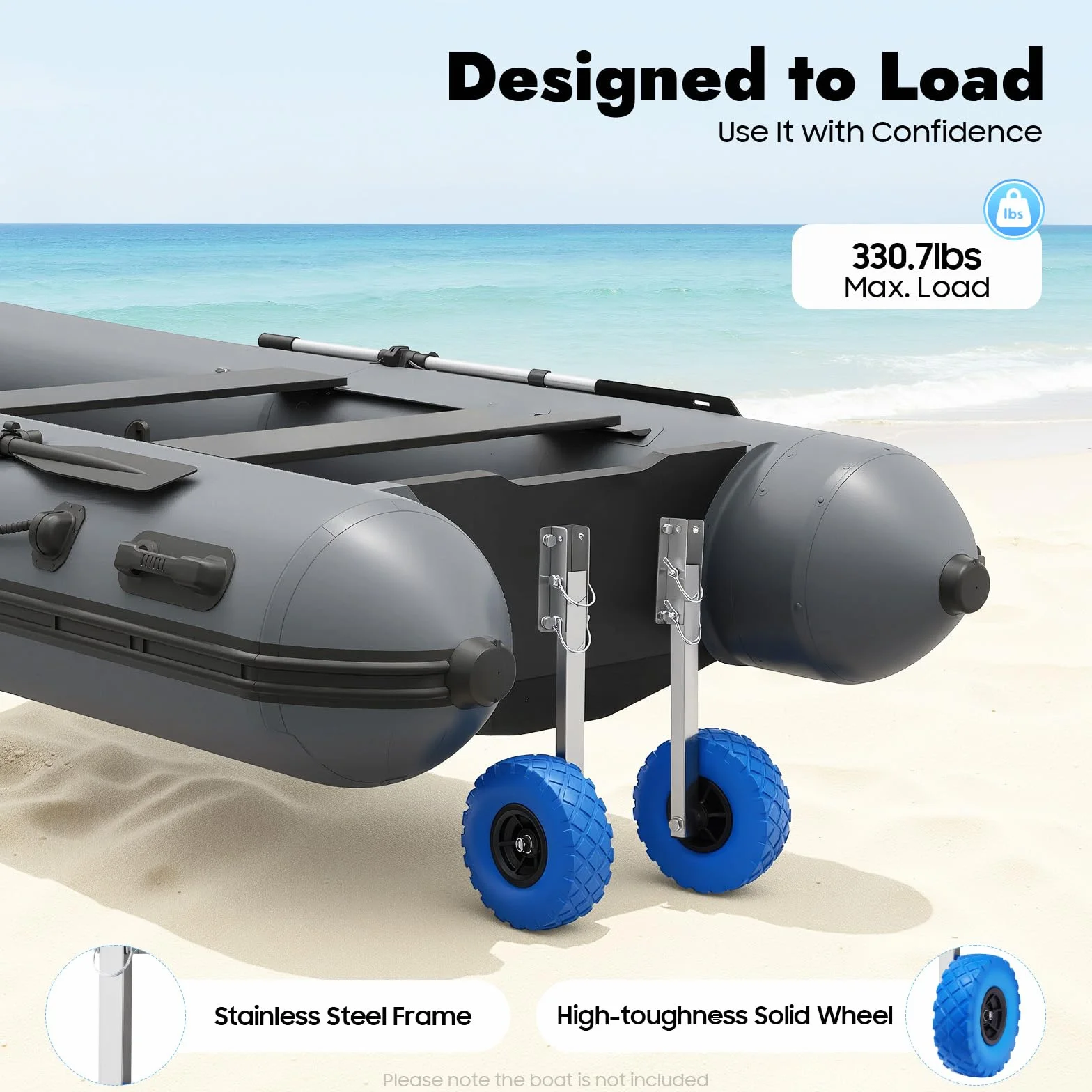 Slipräder Schlauchboot & Heckräder Edelstahl bis 150kg - Schlauchbooträder mit 25cm Reifen, Robust - Transporträder und Bootsräder für Schlauchboote, Anhänger, Wassersport