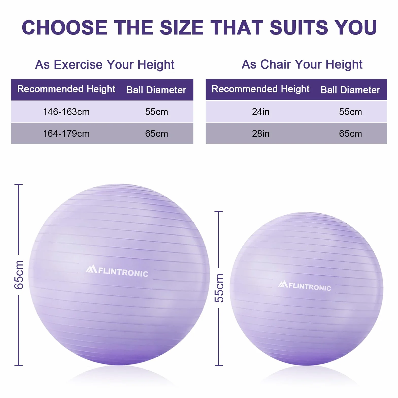 flintronic Gymnastikball, 55 und 65 cm, Ultra-Dicker Anti-Explosions-Yoga-Ball mit aufblasbarer Fußpumpe, Anti-Rutsch-Sitzbal, Robuster Maximalbelastbarkeit Fitness-Ball für Fitness, Yoga, Pilates