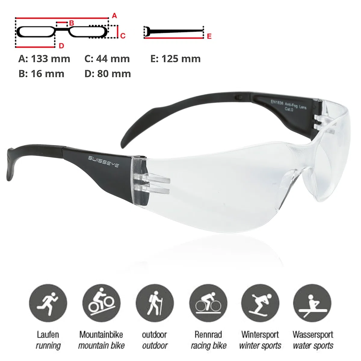 SWISSEYE Outbreak S Sportbrille für schmale Gesichter (100% UVA-, UVB- und UVC-Schutz, minimales Gewicht, splitterfreies Fassungsmaterial PC, Polycarbonatscheibe, inkl. Mikrofaserbeutel), Schwarz