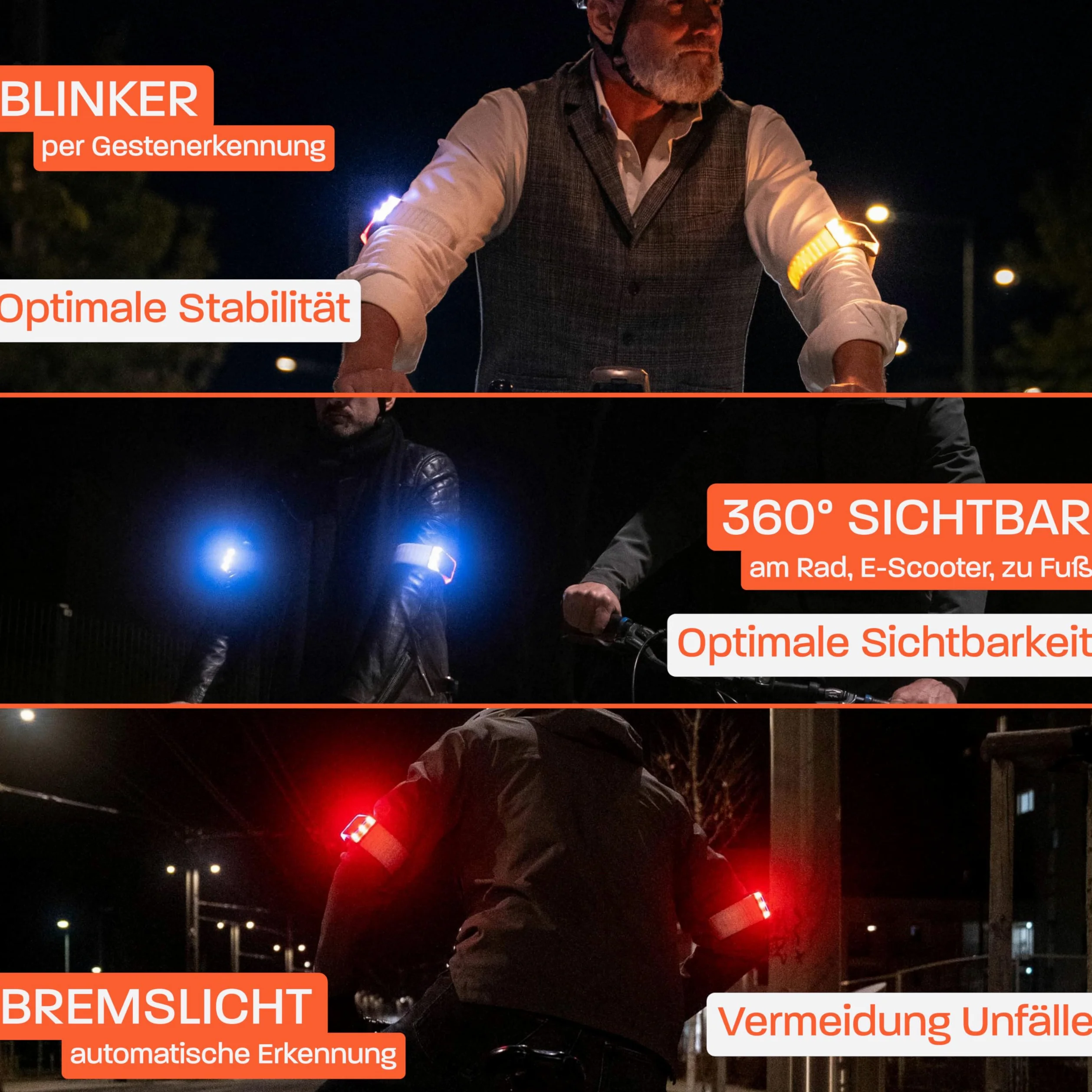 Flasher Patentierte Blinker Armbänder für Fahrrad, E-Scooter, Läufer | Smartes Bremslicht, Blinklicht, Frontlicht, Rücklicht | Die Höhle der Löwen