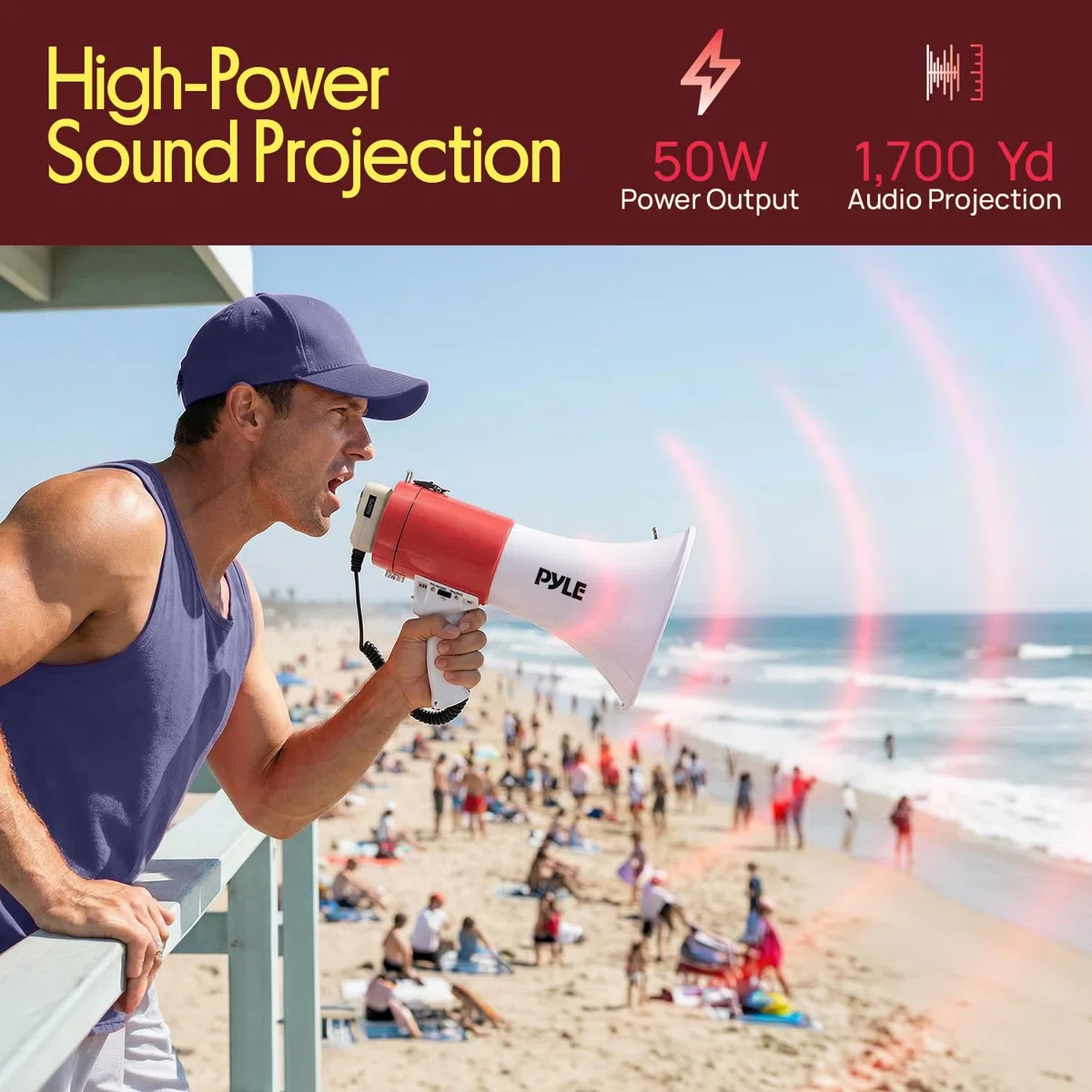 Portable Megaphone Speaker PA Bullhorn - Built-in Siren, 50W Adjustable Volume Control & 1200 Yard Range - Ideal for Any Outdoor Sports, Cheerleading Fans & Coaches or for Safety Drills - Pyle PMP52BT