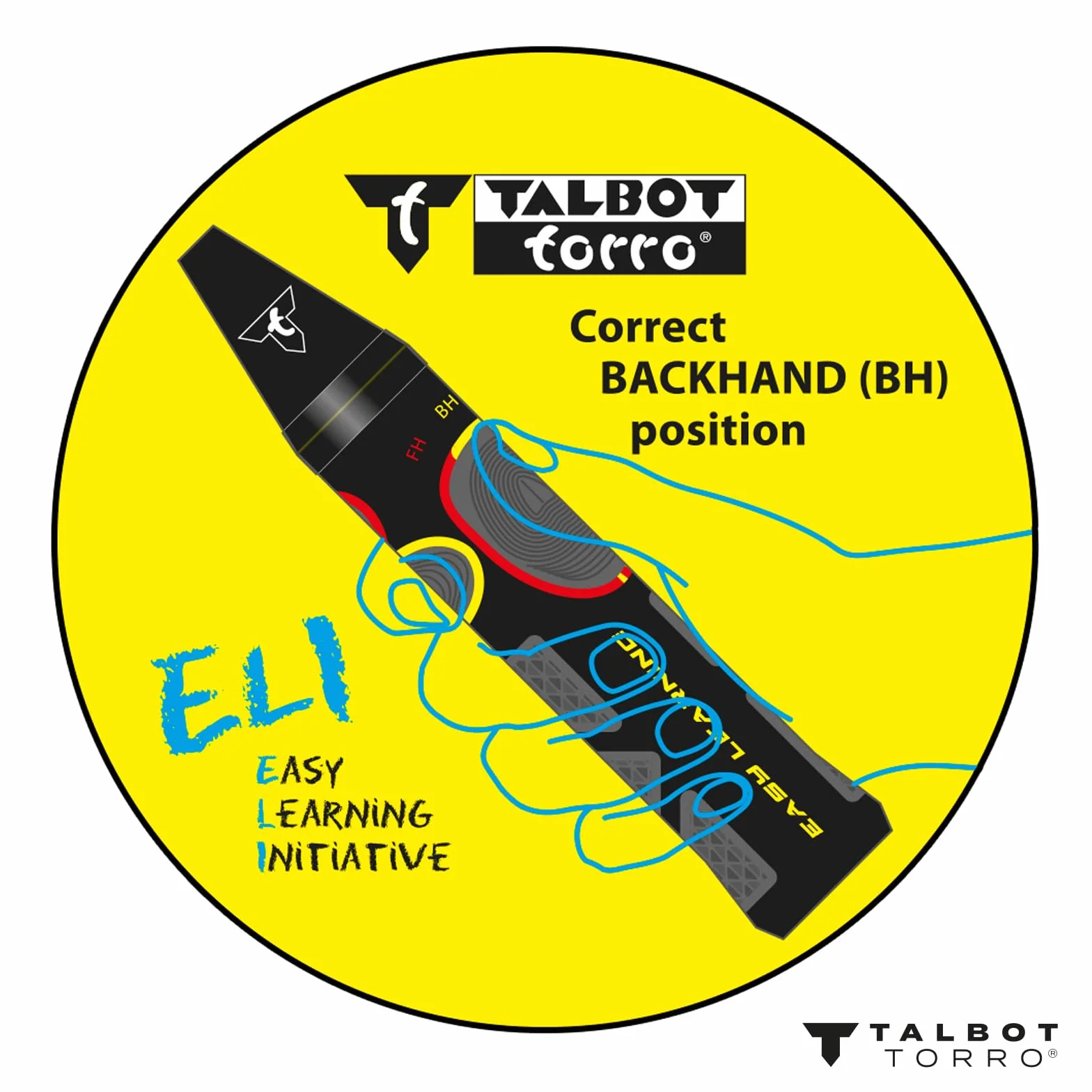 Talbot Torro Lern-Badmintonschläger ELI Junior, verkürzte Länge 58 cm, Lerngriff, Tropfenkopf, ideal für Schulsport und Training, schwarz-gelb-blau