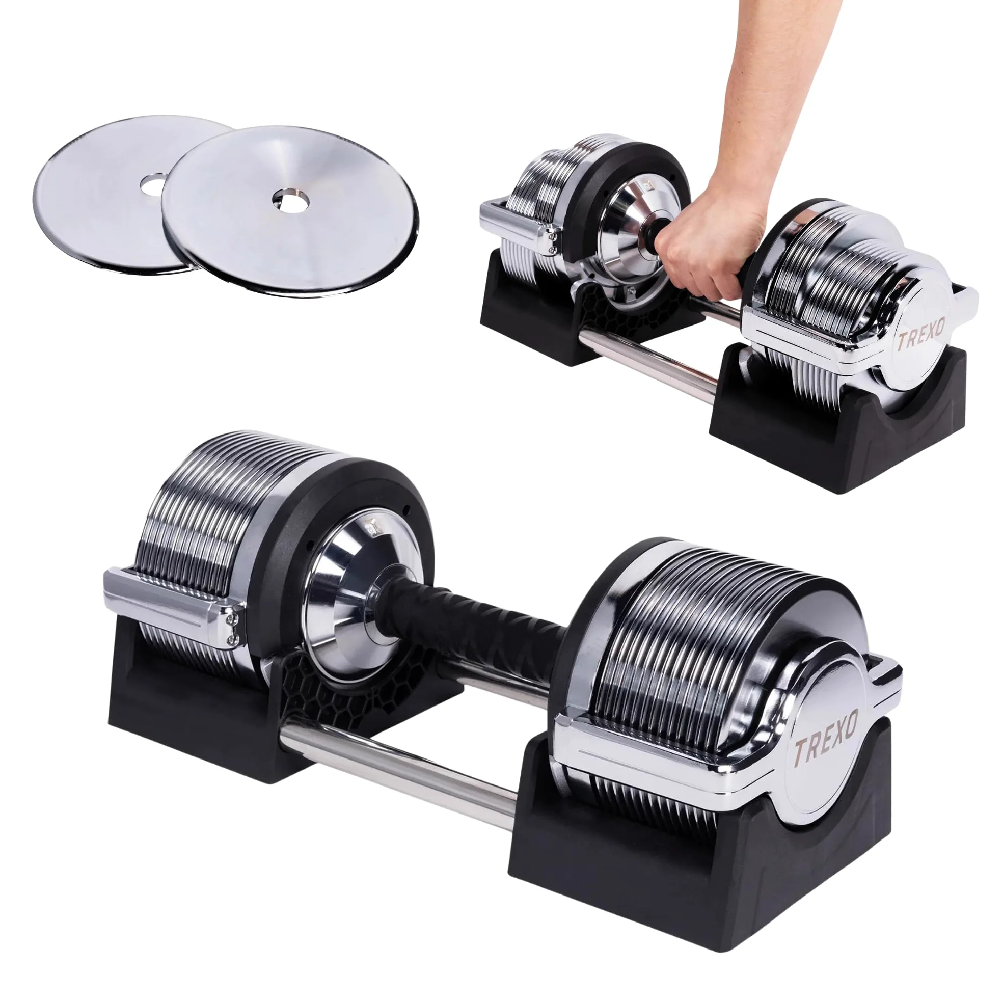 XTREXO 30-stufige feine Gewichtsanpassung 3-32 kg – Verstellbare Hantel – Verchromter Stahl – Silber – Für Krafttraining, Muskelaufbau und kompaktes Home-Gym