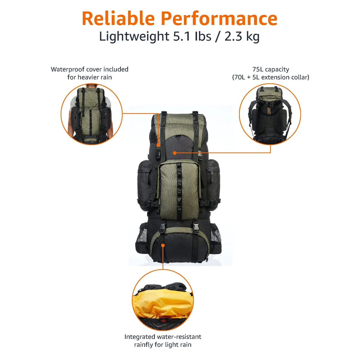 Amazon Basics Wanderrucksack 75 L, Grün | mit Innengestell