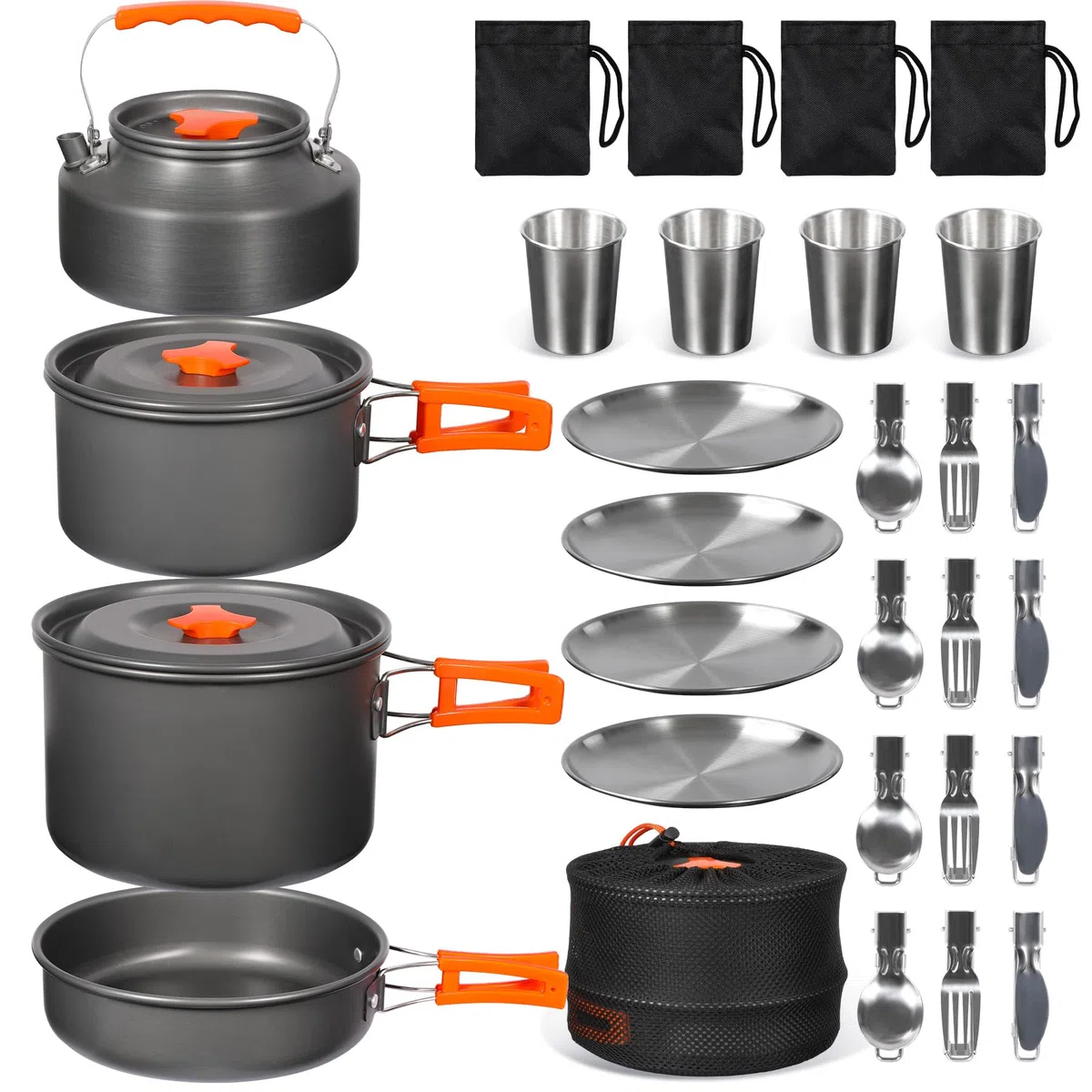 REDCAMP 12/14/15/19 PCS Camping Cookware Mess Kit Camping Gear Campfire Utensils Lightweight Stackable Pot Pan Bowls Soup Spoon with Storage Bag for Camping, Backpacking, Outdoor Cooking, Picnic