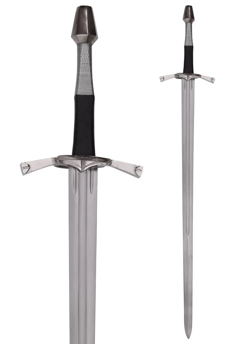 Battle-Merchant Langschwert mit Parierring, inklusive Scheide | EN45 Federstahl, Schwert Replik ca. 15. Jh., Mittelalter, Zweihänder, Sammlerstück & Dekoration, ab 18