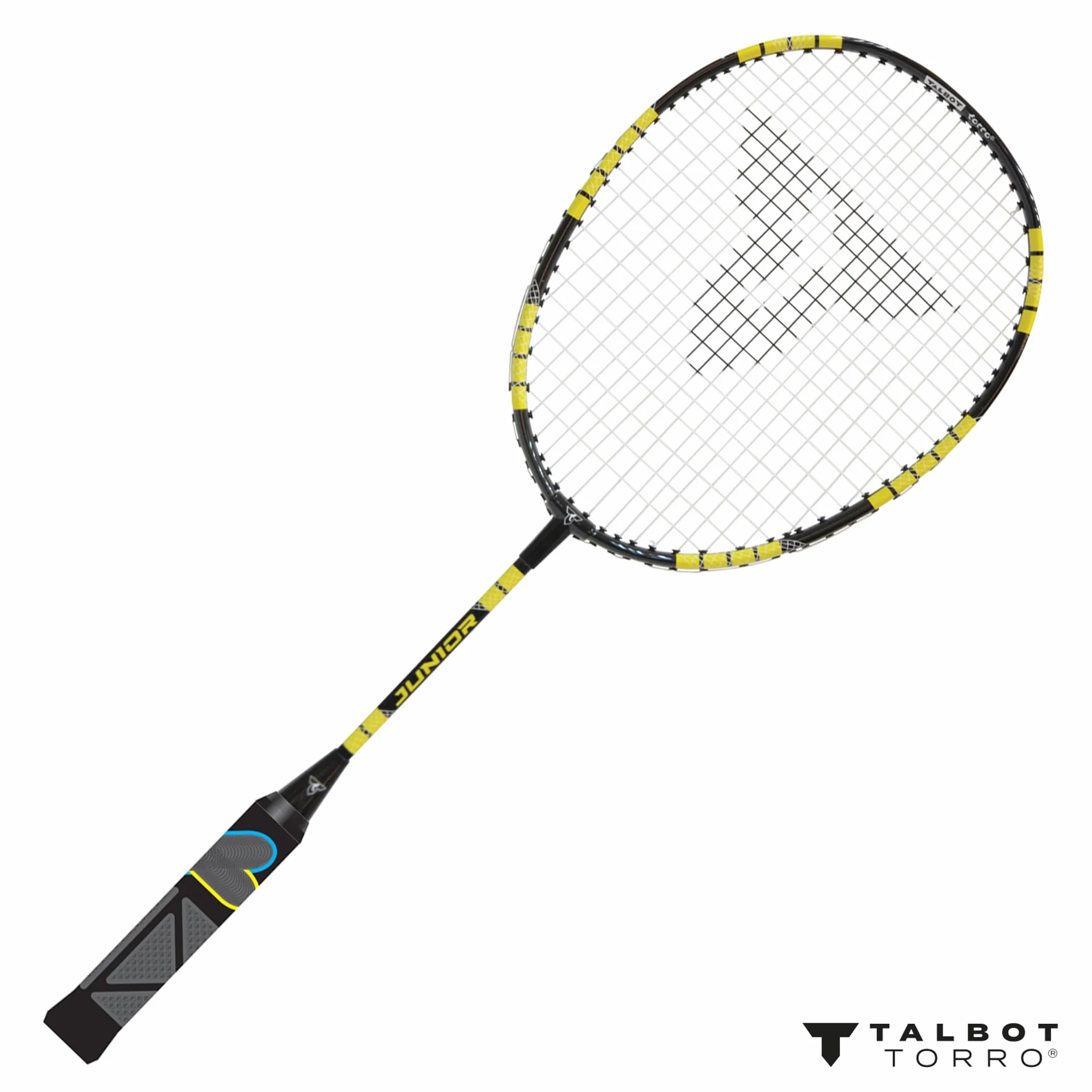 Talbot Torro Lern-Badmintonschläger ELI Junior, verkürzte Länge 58 cm, Lerngriff, Tropfenkopf, ideal für Schulsport und Training, schwarz-gelb-blau