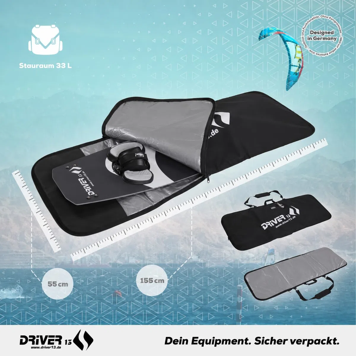 Driver13 Kiteboard Singlebag, Boardbag mit Polsterung und Finnenschutz, Schultergurt, schwarz