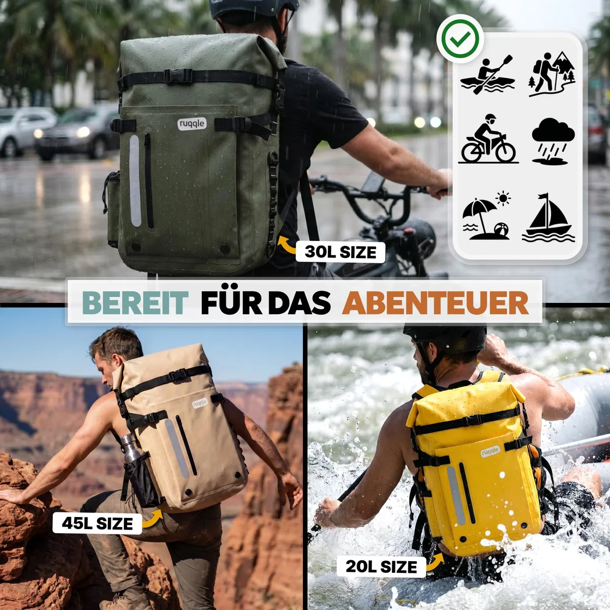 Ruqqle Wasserdichter Rucksack, vielseitig, wasserdicht Tasche, Dry Bag 20/30/45 l, mit 3 Außentaschen, komfortabel, RollTop, Strand, Boot, Kanu, Paddel, Kajak, Wandern, Camping, Angeln, Motorrad