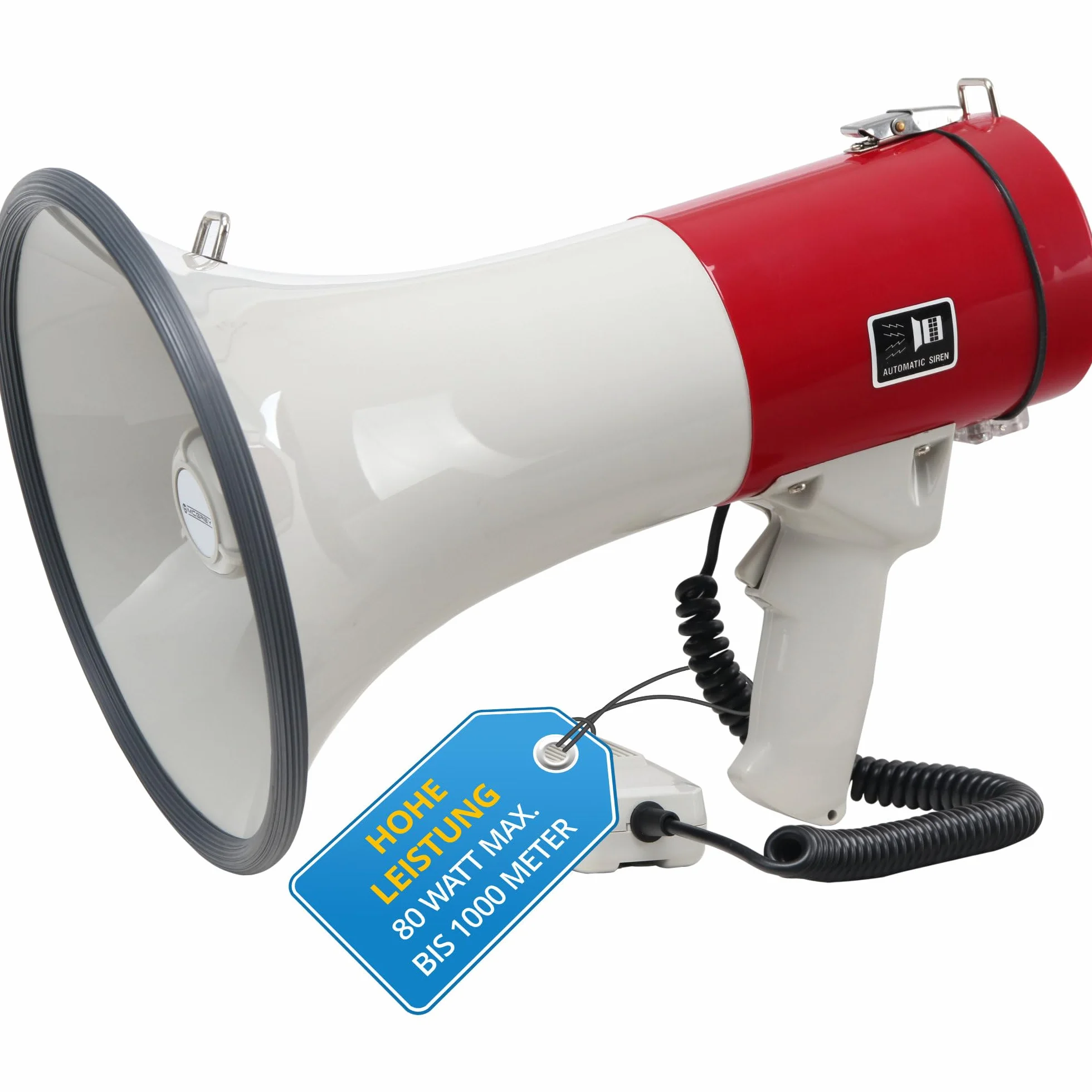 McGrey MP-500HS Megaphon (Sprachrohr, 25 Watt RMS/80 Watt MAX, bis zu 1000m Reichweite, Handmikrofon, Sirene, batteriebetrieben) weiß/rot