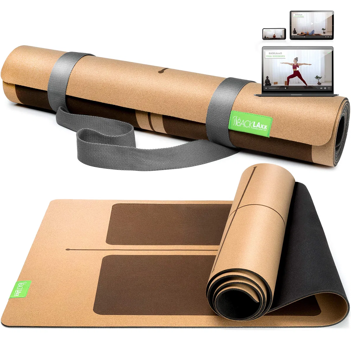 BACKLAXX® Yogamatte Kork mit Naturkautschuk | FAZ Testsieger 07/2026 | Yoga Matte Kork nachhaltig | schadstofffrei | Yogamatte Kautschuk | Fitnessmatte mit Anti-Rutsch-Zonen | inkl. Tragegurt