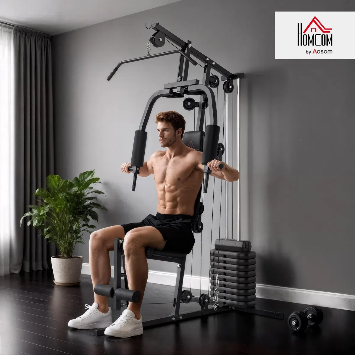 HOMCOM Kraftstation, Fitnessgerät mit 9 Gewichtsplatten à 5 kg, insgesamt 45 kg, Ganzkörpertraining – 200 x 135 x 103 cm | Fitness Krafttrainingsmaschine, 9 Gewichtsblöcke à 5 kg, insgesamt 45 kg