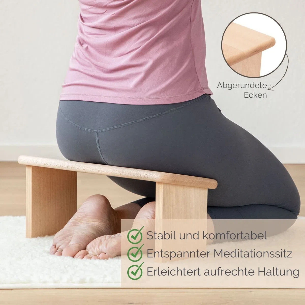 Bodhi Meditationsbank aus Holz (Buche) | Yoga Hocker aus Holz | Kniesitz Medibank für eine Tiefe Meditation | Variation: Lhasa – Buche geölt mit Auflage (blau)