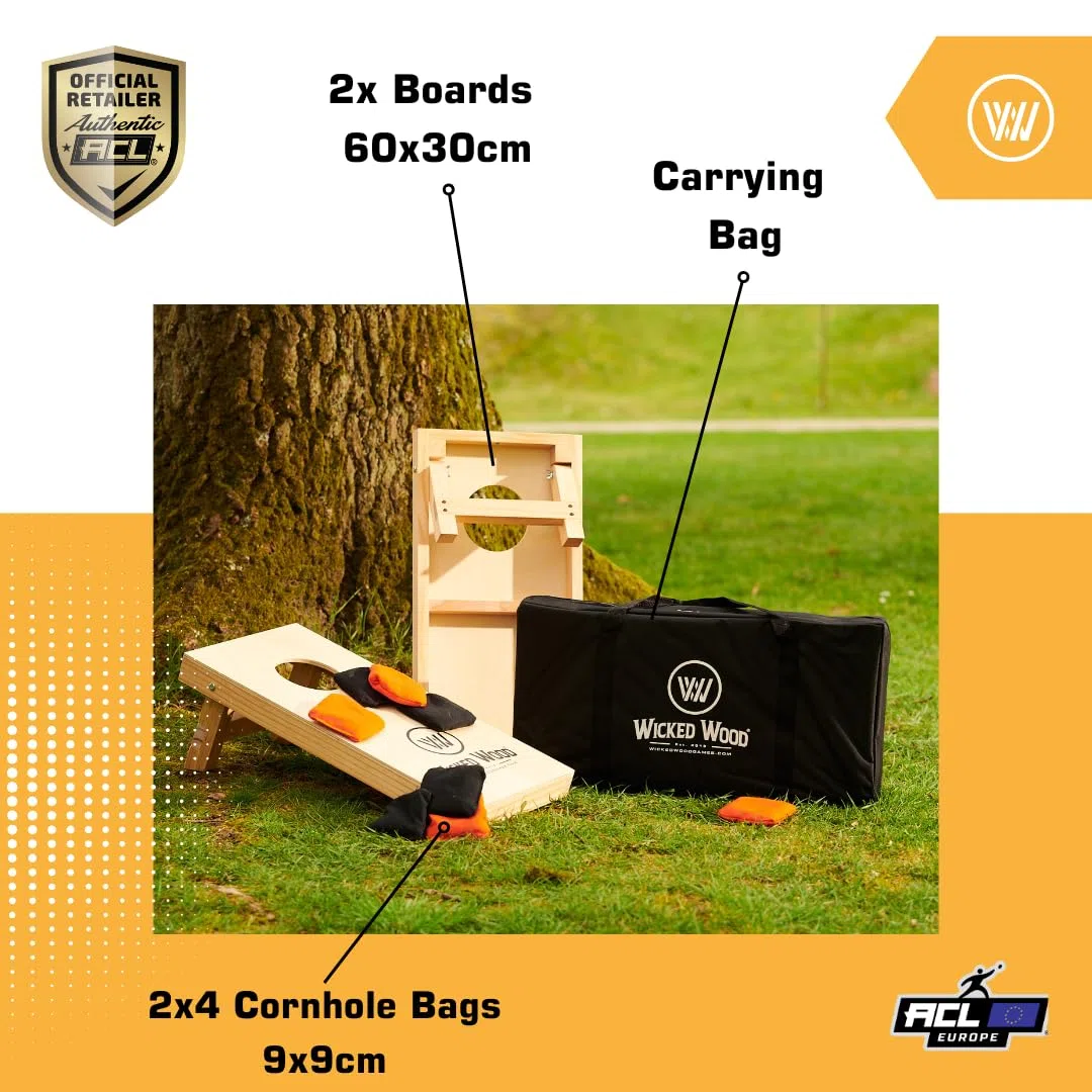Cornhole Set Mini - Wicked Wood - 60x30cm - Inklusive Säckchen und Tragetasche