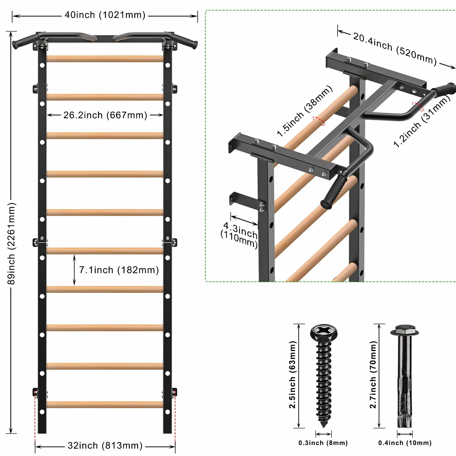 Kipika Turnreck – 5,1 x 5,1 cm schwedische Leiter mit 2,5 cm Loch, wandmontierter Klimmzugstangen-Leiter-Schlingentrainer, Gymnastik-Trainingsreck mit Massivholzgriffen für Zuhause, Wandturnhalle