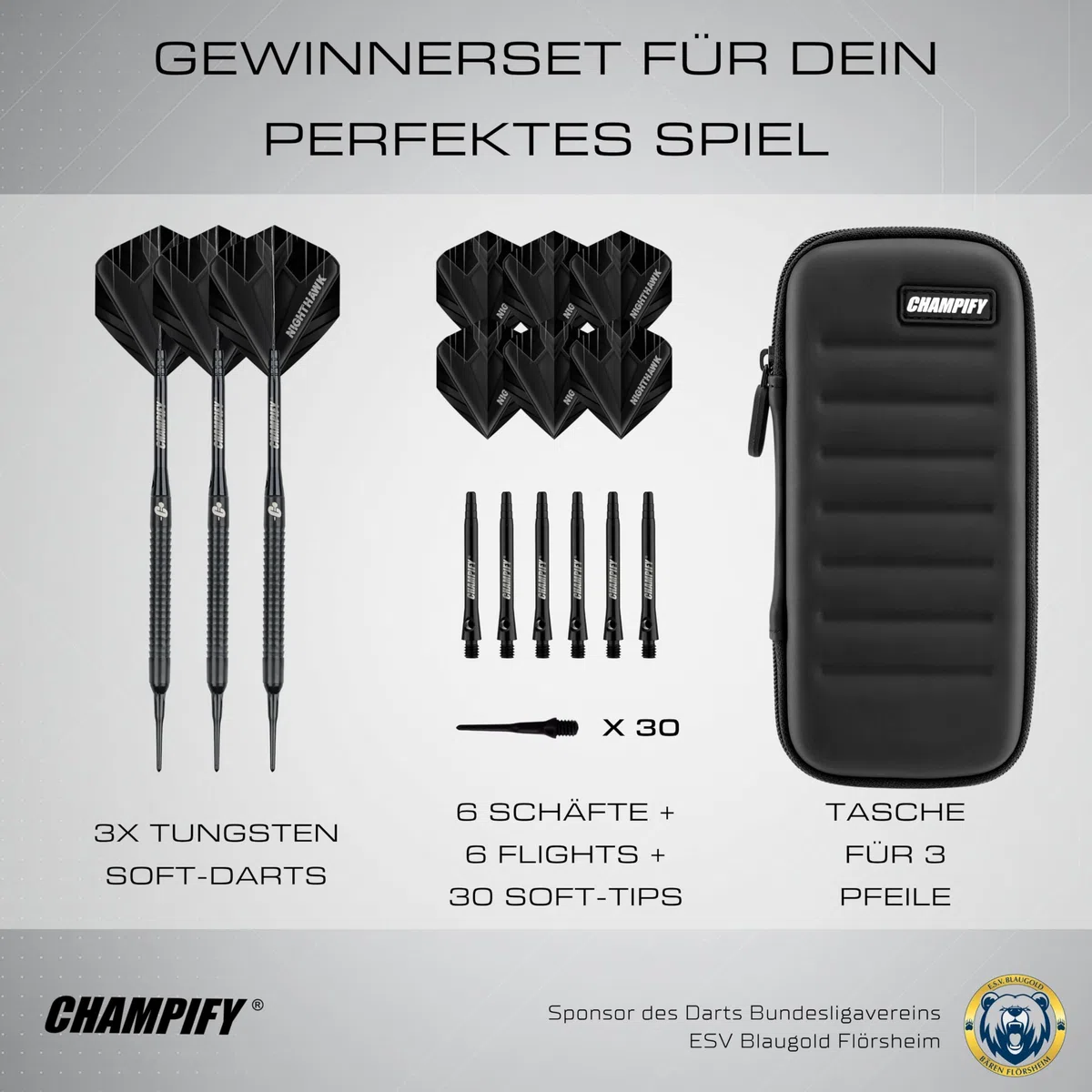 Champify® 18g Tungsten Soft-Darts Set “Nighthawk” mit Kunststoff-Spitze und schwarzer Darttasche | 3 Darts mit 9 Alu-Schäften & 9 Flights & 30 Softdart-Spitzen | Dartpfeile mit Plastik-Spitzen