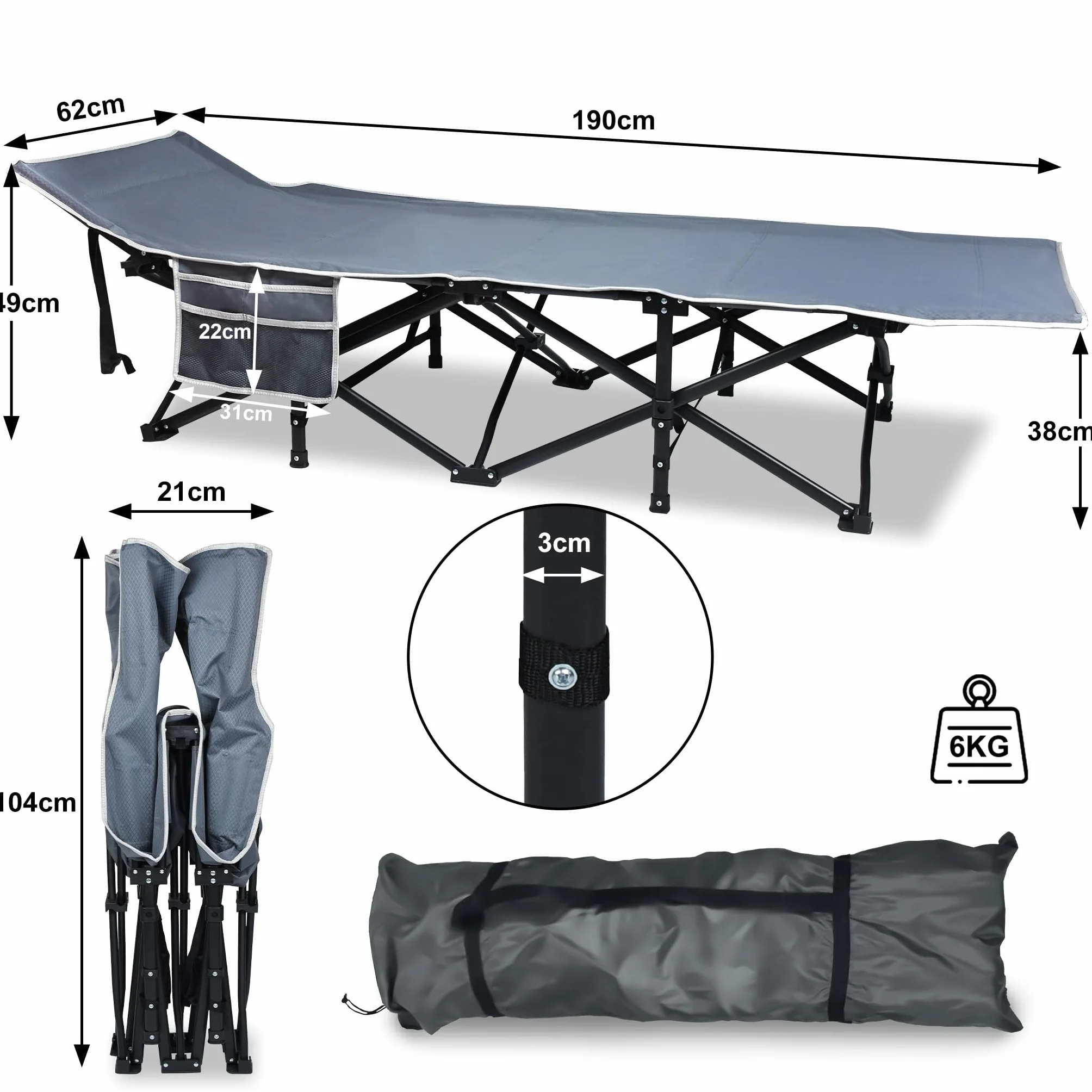 XMTECH Feldbett Klappbar Campingbett Gästebett für Erwachsene 250kg, 190 x 62 x 38cm Faltbar Camping Reisen Bett mit Transporttasche, Feldbetten für Camping Outdoor Reisen Büro Indoor