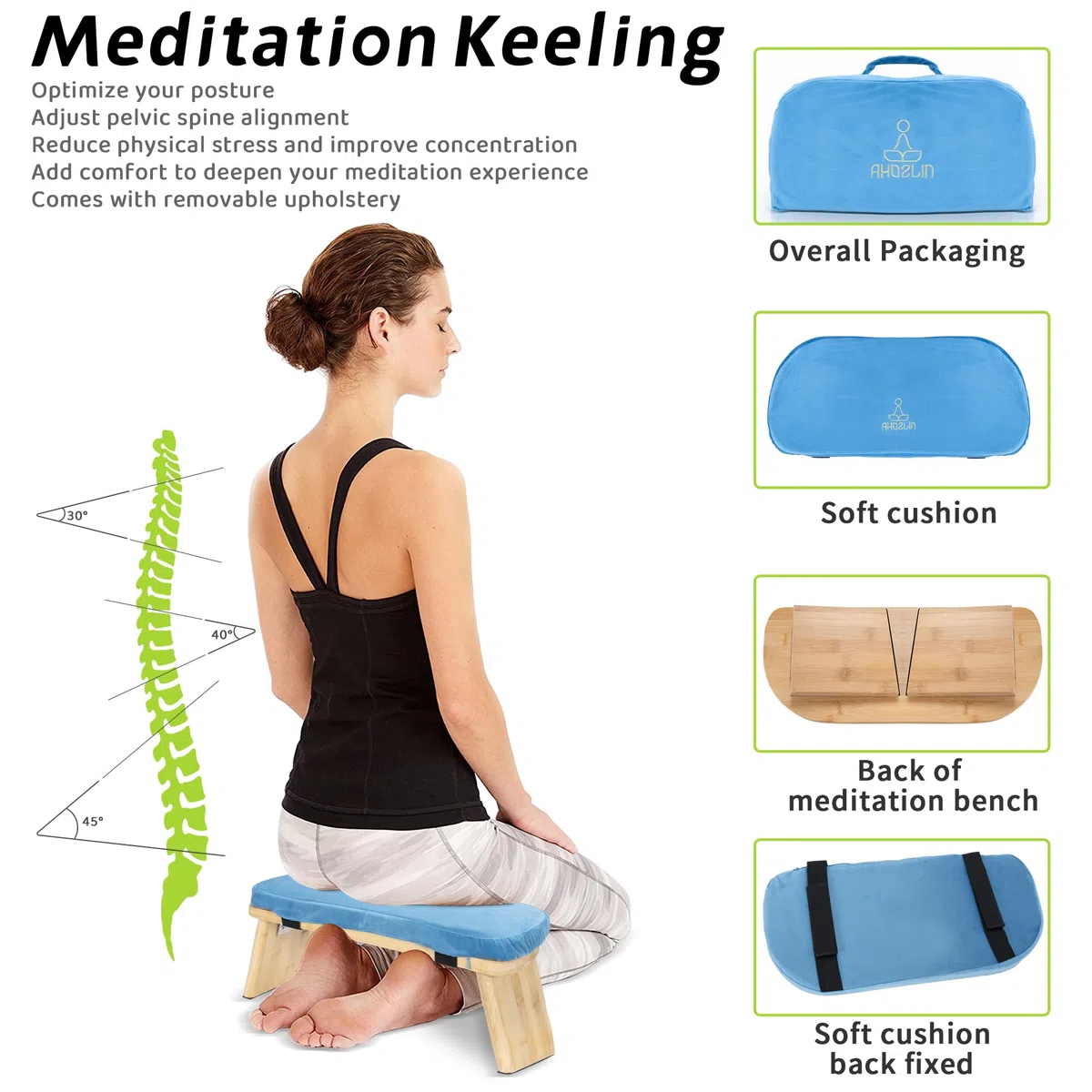 Meditationsbank Klappbar, Ergonomischer Bambus Yoga Hocker, Meditationshocker mit Kissen, Tragbarer Meditationsstuhl mit Tragetasche zum Knien, Gebet, Fortgeschrittene Praxis