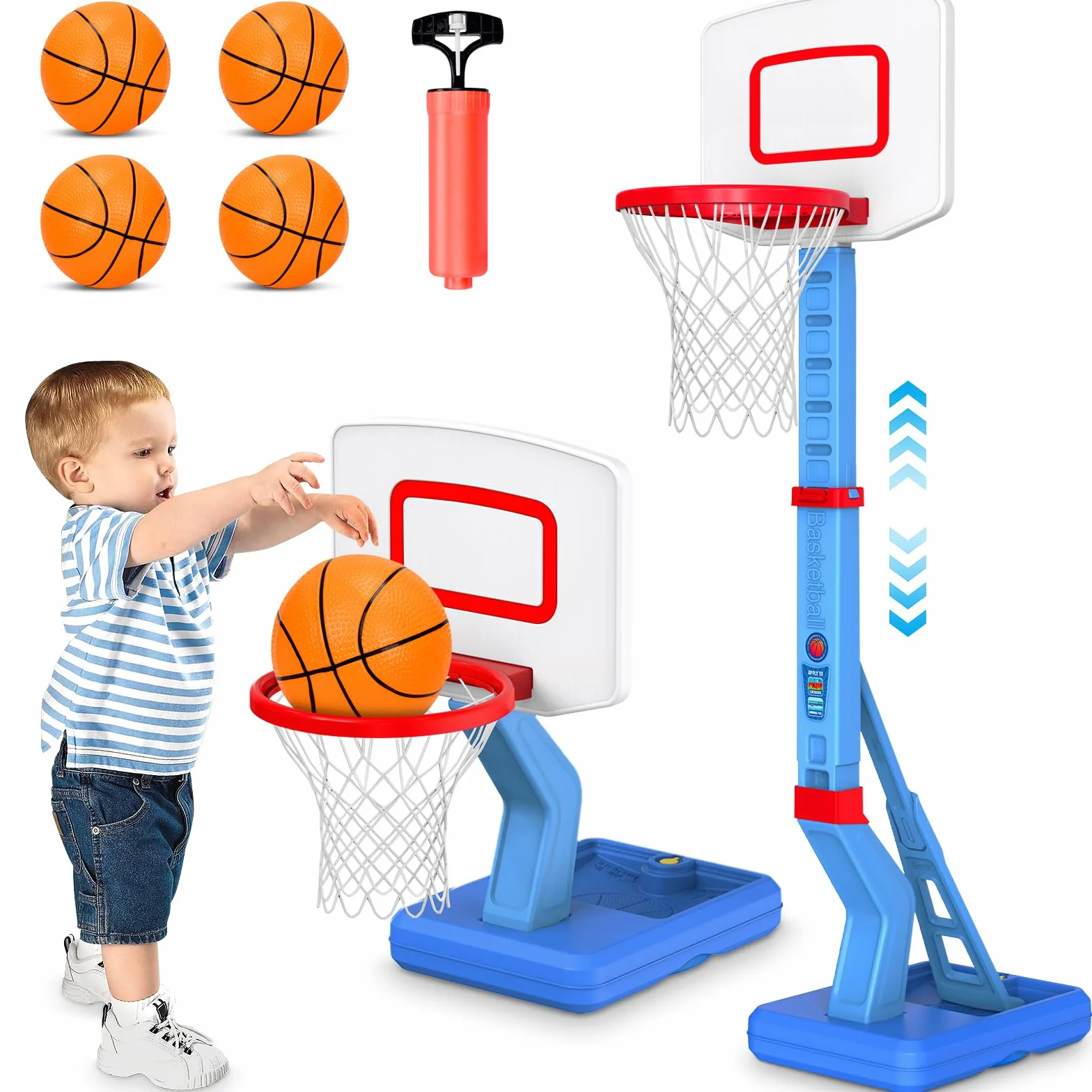 Kinder Basketballkorb,Basketballkorb Indoor Outdoor Réglable en 5 hauteurs 70-138 cm mit Mini Basketball und Aufblasbare Pumpe,Sport Spielzeug für Kinder Jungen Mädchen ab 3-12 Jahre -Blau