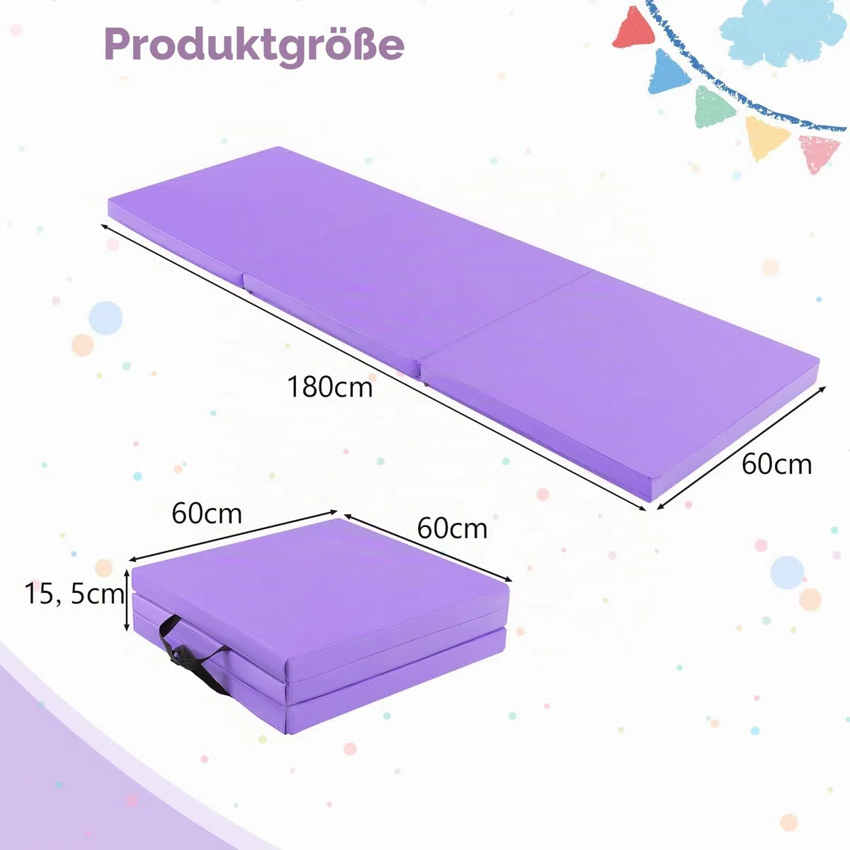KOMFOTTEU Gymnastikmatte faltbar, Weichbodenmatte 180x60x5cm Fitnessmatte, Turnmatte dick mit Tragegurt, 3-Fach Yogamatte Sportmatte rutschfest für Yoga Fitness Training