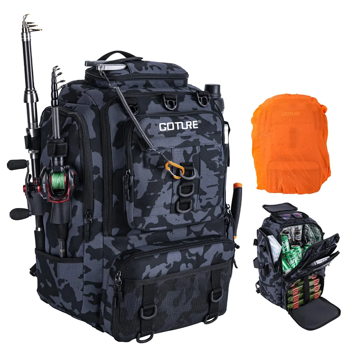 Goture Angelrucksack mit Kühltasche, 40-Liter Angelzubehör-Rucksack mit Zwei Rutenhaltern, 900D Oxford-Gewebe Wasserabweisende Angelgerätetasche mit verstellbarem Fach