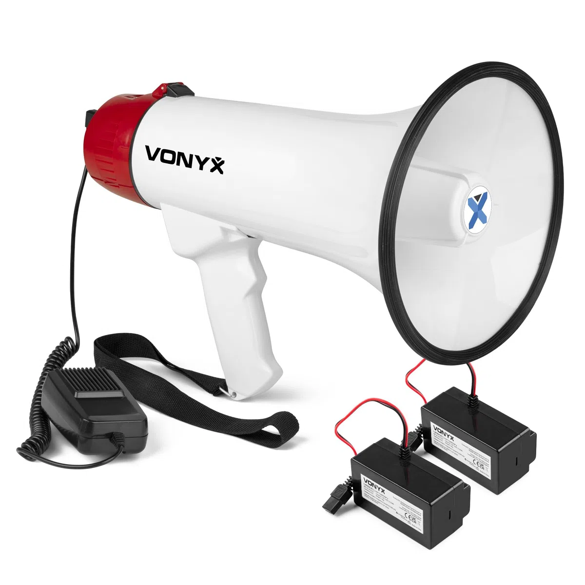 Vonyx MEG045 - Akku Megaphone mit Sirene und Mikrofon, inkl. 2X Akkus, Bluetooth, Aufnahmefunktion, 45 Watt Megafon, bis 1000 Meter Reichweite, Megaphon mit Umhänge-Gurt, MP3, USB, SD, Weiß/Rot