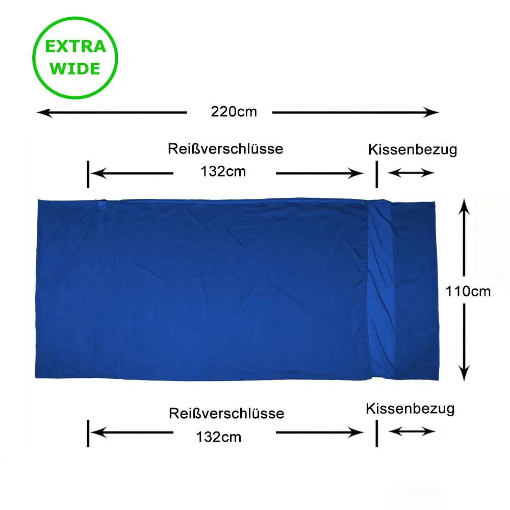BROWINT Schlafsack Inlett aus Seide/Baumwolle, Reiseschlafsack mit Doppeltem Reißverschluss und Kissenfach, 220cm X 110cm Extrabreite Hüttenschlafsack für Hostels, Lnlay Leicht, Kompakt & Atmungsaktiv