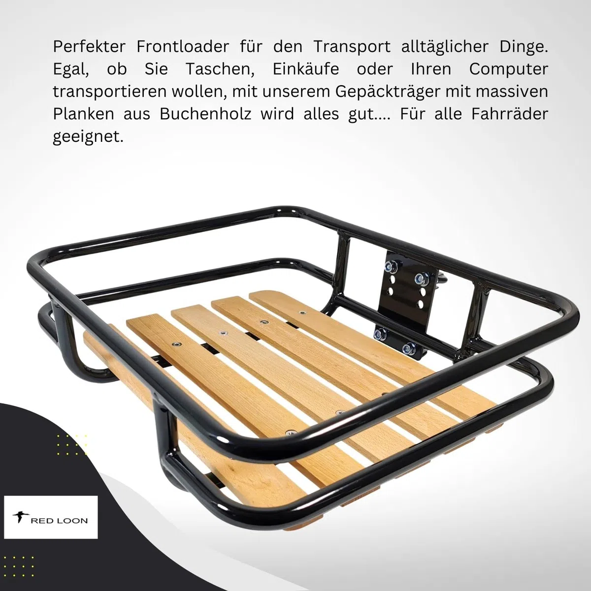 Frontgepäckträger Fahrrad | Gepäckträger Vorderrad | Red Loon | Stahl/Holz | Holz Auflage