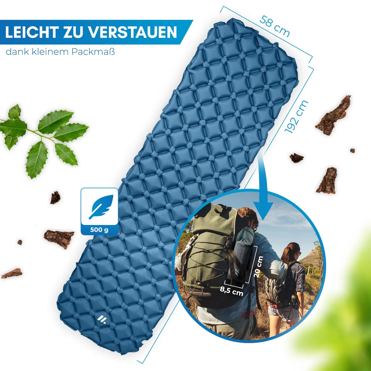 NORDMUT Isomatte Ultraleicht [mit Reparaturset] kleines Packmaß - Aufblasbare Luftmatratze Camping - Camping Matratze Wetterfest für Outdoor Zelt & Festivals - Blau