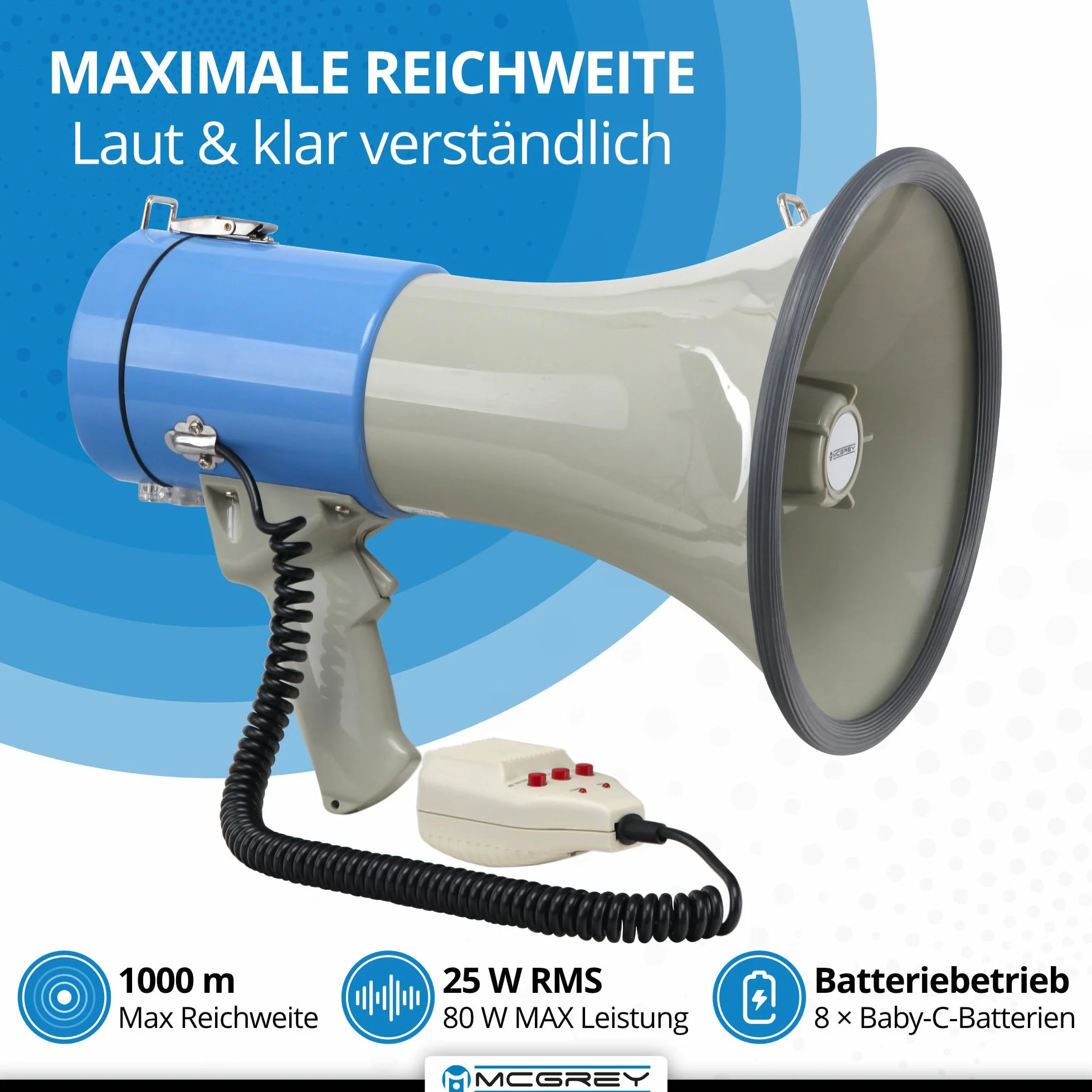 McGrey MP-800HRS Megaphon (Sprachrohr, 25 Watt RMS/80 Watt MAX), bis zu 1000m Reichweite, Handmikrofon, Sirene, Whistle, Aufnahmefunktion, USB/SD/AUX-MP3-Player batteriebetrieben grau/blau