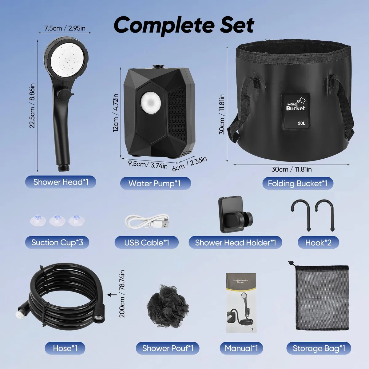 Tragbare Campingdusche, 6000 mAh Outdoor-Duschpumpe mit 4 Beleuchtungsmodi, IPX8, 5 Sprühmodi, Duschpumpen-Set mit 20L Faltkanister für Strand, Wandern, Haustiere & Auto