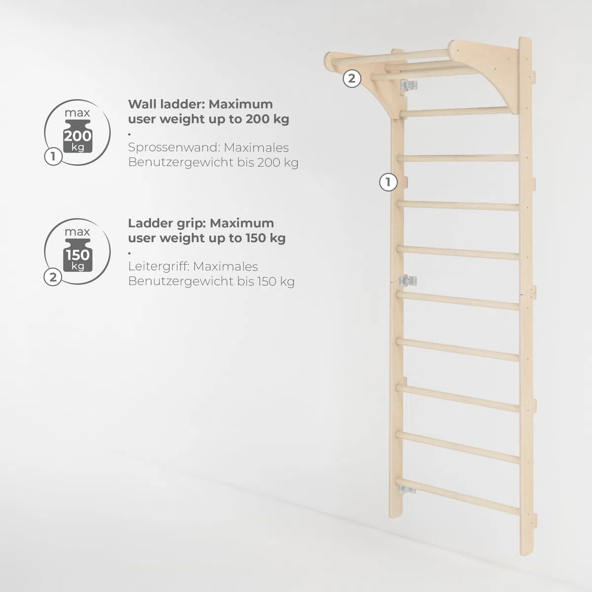 MAMOI Sprossenwand mit Klimmzugstange für Erwachsene (230 cm), Holz-Kletterwand, Multifunktionales Fitnessgerät, Kletterleiter für Erwachsene mit Option zur Personalisierung, 100% ECO, Made in EU