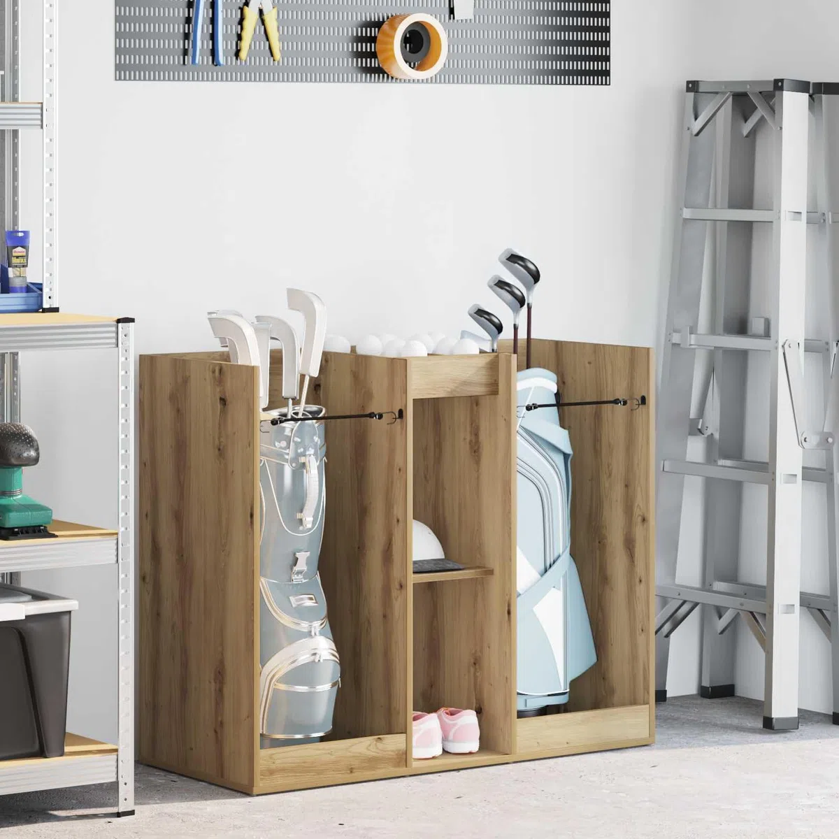 Gecheer Golf Schrank, Holz Golfschrank mit Regalen für Garage oder Haushalt, Artisan-Eiche 102 x 45 x 85,5 cm, freistehende Aufbewahrung für Golfzubehör und Utensilien
