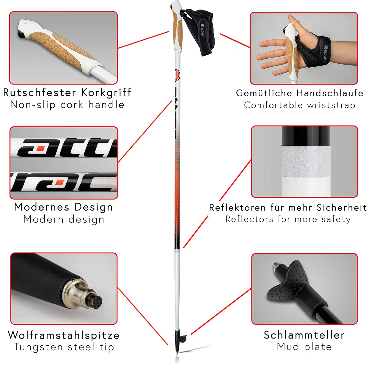 ATTRAC Nordic Walking Stöcke Aluminium | Handgelenkschlaufen inklusive | Mit Nordic Walking/Fitness App | Leichtgewicht | Stoßdämpfend - 110cm