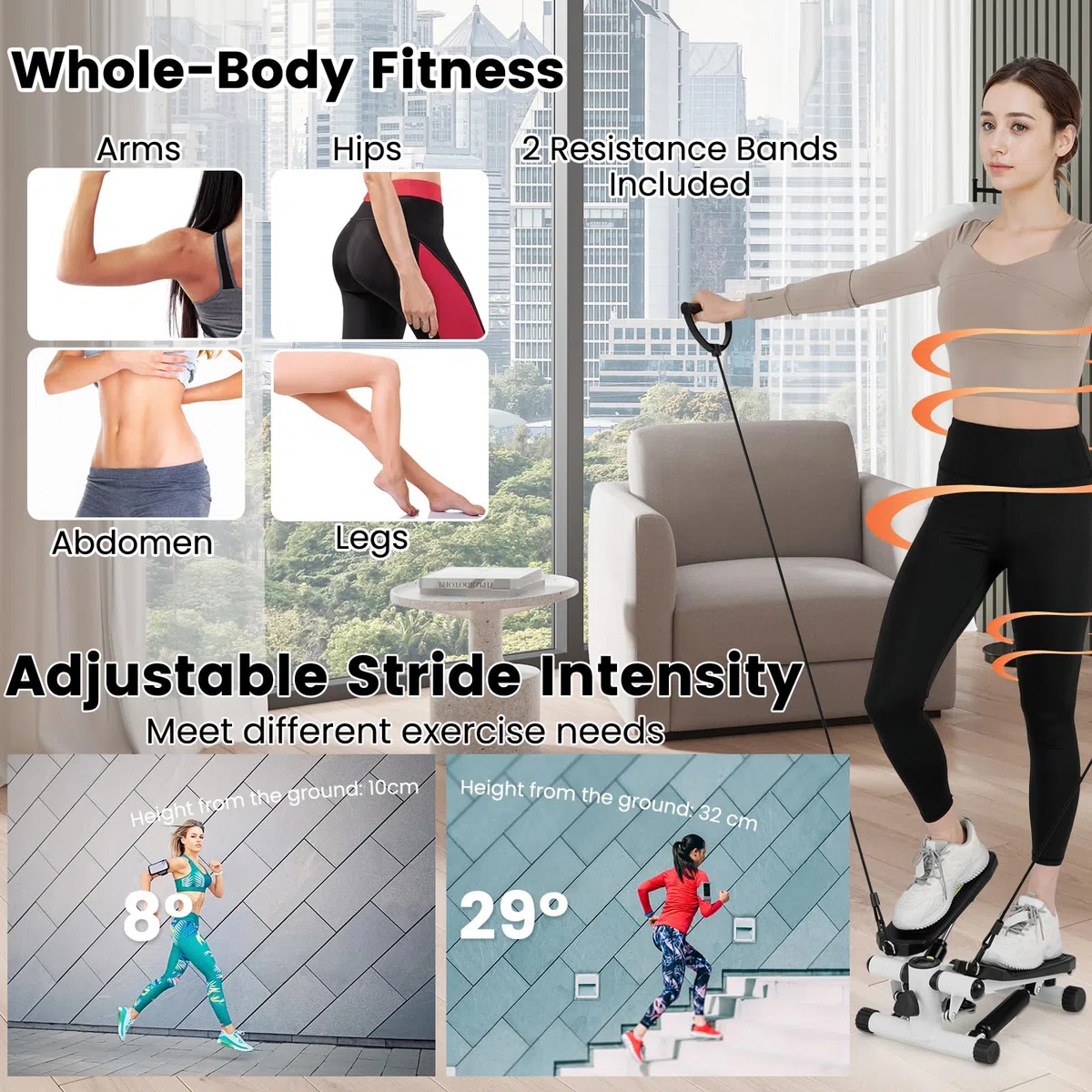 KOMFOTTEU Mini Stepper tragbar, Swing Stepper höhenverstellbar mit Widerstandsbändern, LCD-Bildschirm, rutschfeste Pedale, Fitnessgeräte bis 100 kg für Körpertraining, Übung