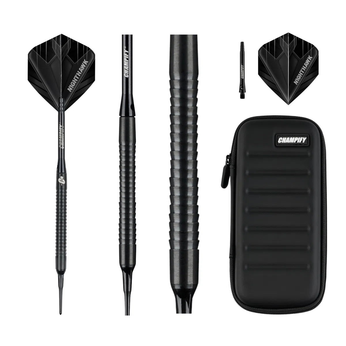 Champify® 18g Tungsten Soft-Darts Set “Nighthawk” mit Kunststoff-Spitze und schwarzer Darttasche | 3 Darts mit 9 Alu-Schäften & 9 Flights & 30 Softdart-Spitzen | Dartpfeile mit Plastik-Spitzen