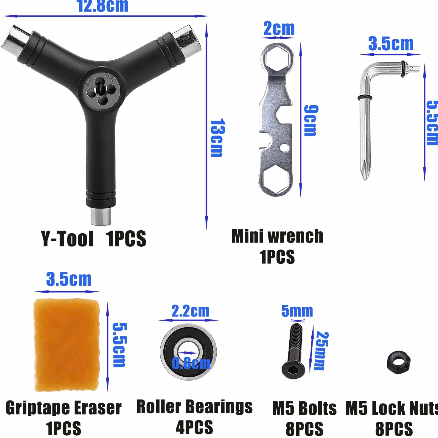 15 stücke All-In-One Skate Tools Multifunktions Tragbares Skateboard Y-Tool Zubehör mit Inbusschlüssel Hex Key Skateboard Zubehör, für Longboard Skate Scooter
