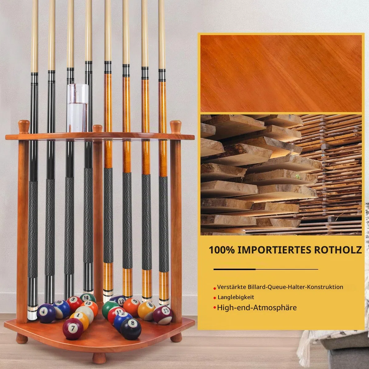 AKLOT Pool Queue Halter, Pool Queue Rack Billard Queue Racks mit Pool Stick Halter Getränkehalter 16 Kugelhalter hält 8 Sticks und komplettes Set Poolkugeln