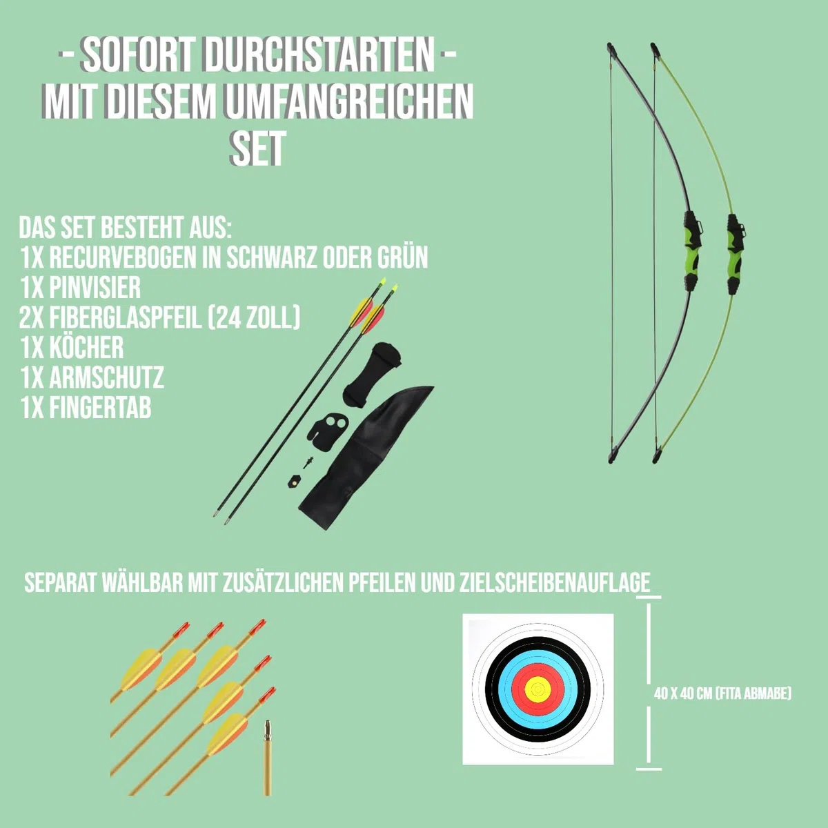 Set - Ideal für Junge Bogenschützen - Recurvebogen 18 lbs ab 8J. inkl. Zubehör für spannende Bogenschießabenteuer, beidhändig
