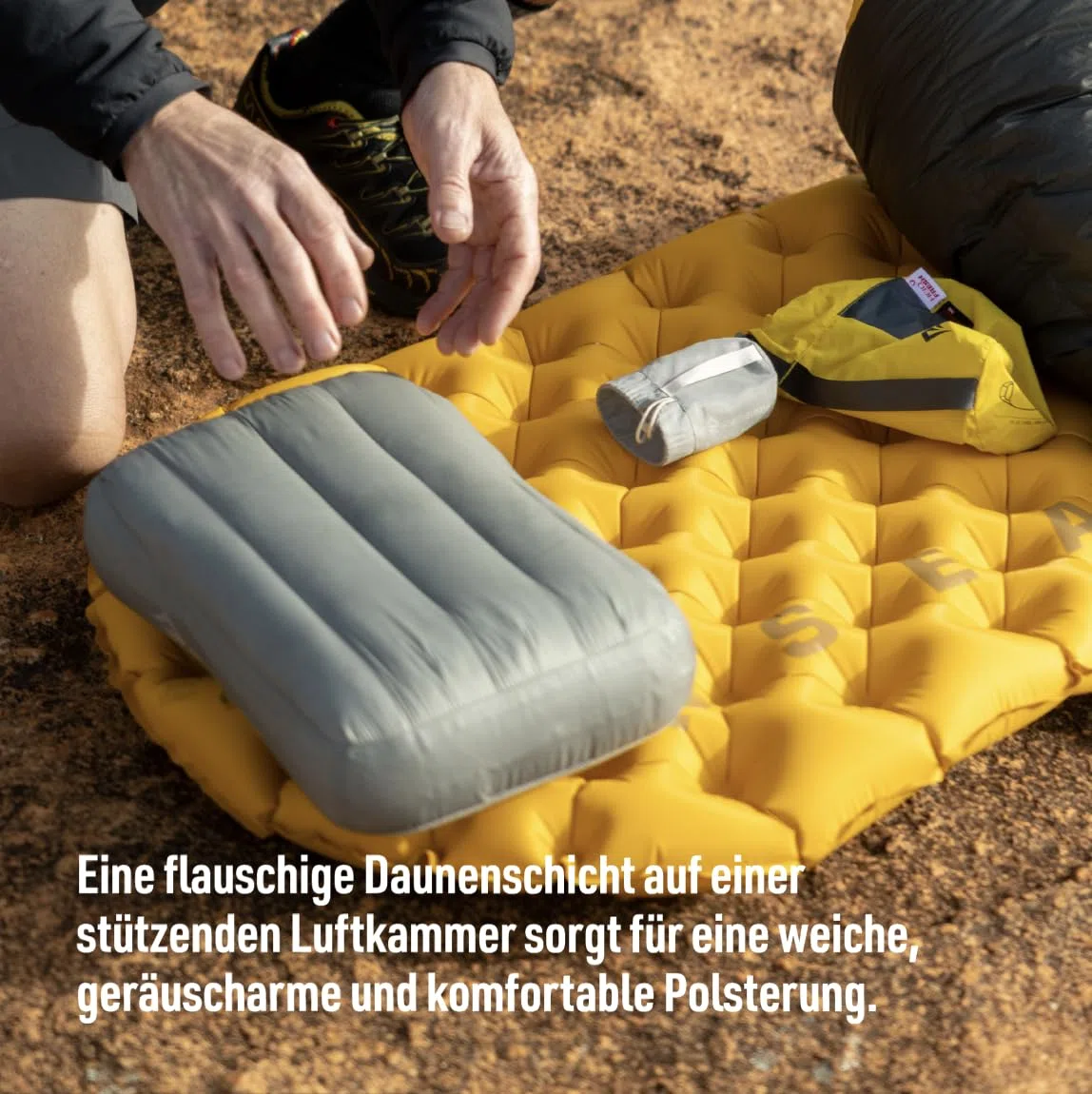 Sea to Summit - Aeros Down Pillow Campingkissen - 70 g - Daunen & Luftkammer Komfort - Xpress-Ventil - bis 12 cm Höhe - rutschfest mit PillowLock - für Trekking, Camping & Reisen