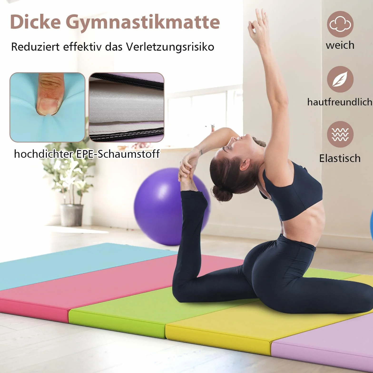 COSTWAY Turnmatte klappbar, 200 x 75cm Weichbodenmatte, Gymnastikmatte 5 fach faltbar mit Tragegriff & Klettverschluss, Sportmatte Fitnessmatte zuhause für Kinder Erwachsene