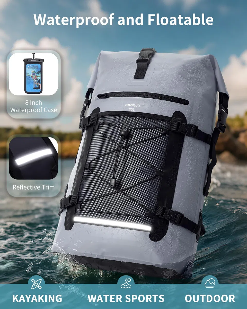 ECOHUB Wasserdichter Rucksack, Rolltop mit IPX8 Handyhülle & Atmungsaktive Rückenpolsterung, Dry Bag für Kajak, Bootfahren, Wandern, Camping, Angeln, Rafting, Lieferfahrer, 30L, Grau