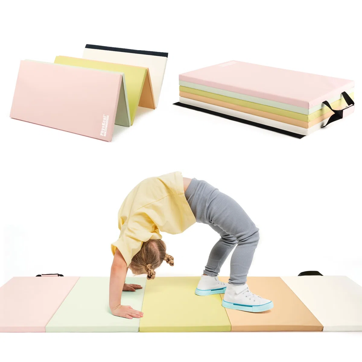 PhysKcal 195 x 75 x 3 cm Klappbare Weichbodenmatte Turnmatte Fitnessmatte Gymnastikmatte mit Tragegriffen, Sportmatte Spielmatte, Tumbling-Matte für Kinder, Polsterung für Activity Play