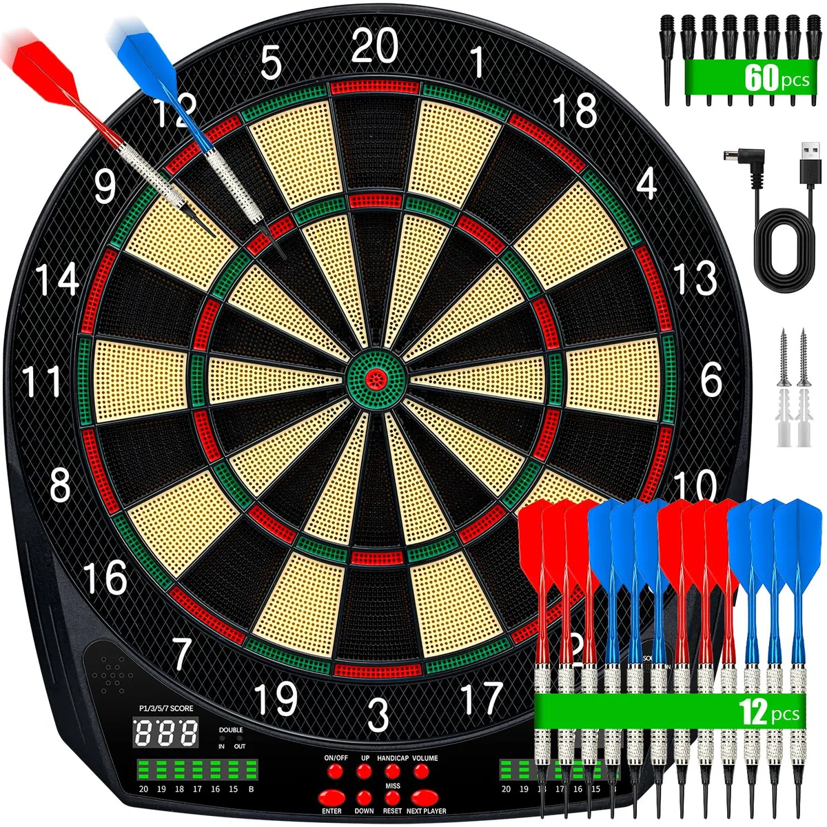 Elektronische Dartscheibe, Profi Dart Scheibe mit 35 Spielen, LCD-Display, Sprachansage, für 1-8 Spieler, Soft-Tip Pfeile, Netz-& Batteriebetrieb, Elektronische Dartboards mit Schutzring, Auto-Scoring