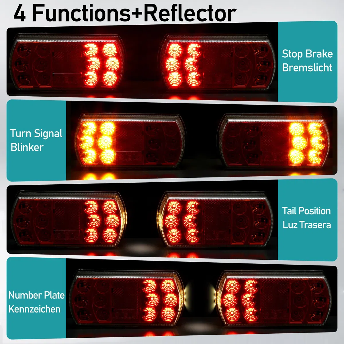 Rücklichter für Anhänger Led Anhängerbeleuchtung Set 12V 24V Anhänger Zubehör LKW Wohnwagen Rückleuchten Led mit Zulassung ECE IP67 Wasserdicht 4 Funktionen mit Reflektor & Bremslicht