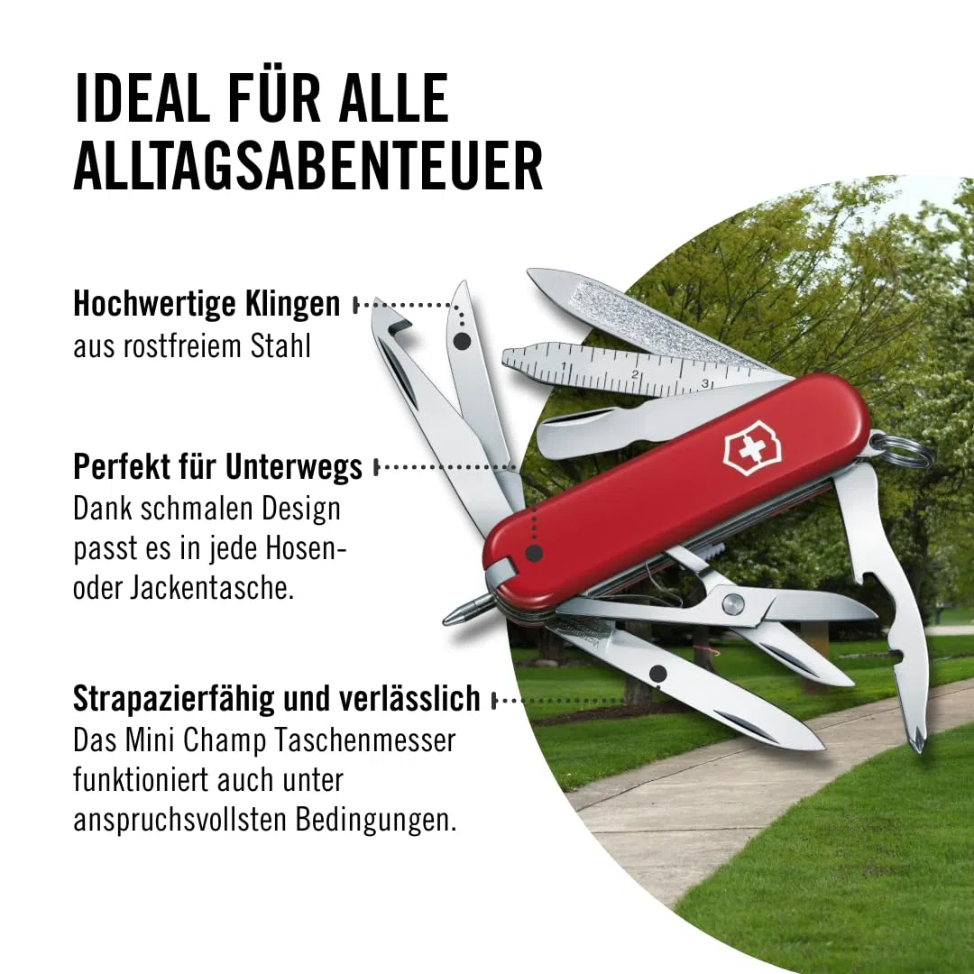 Victorinox Schweizer Taschenmesser Mini Champ, Klein, 18 Funktionen, Swiss Made, Multitool mit Brieföffner, Kapselheber, Drahtabisolierer, Rot