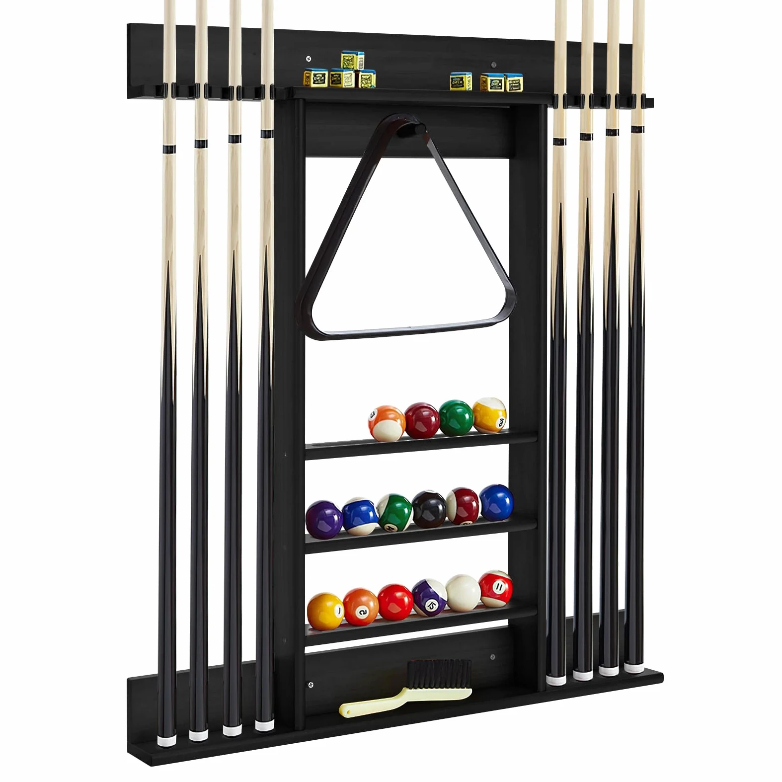 GYMAX Billard Queue Halter für 8 Queues & Billardzubehör, Wandmontierter Queueständer, Billard Queue Halterung aus Kiefernholz, für Billardzimmer & Club, 79 x 8 x 91 cm (Schwarz)